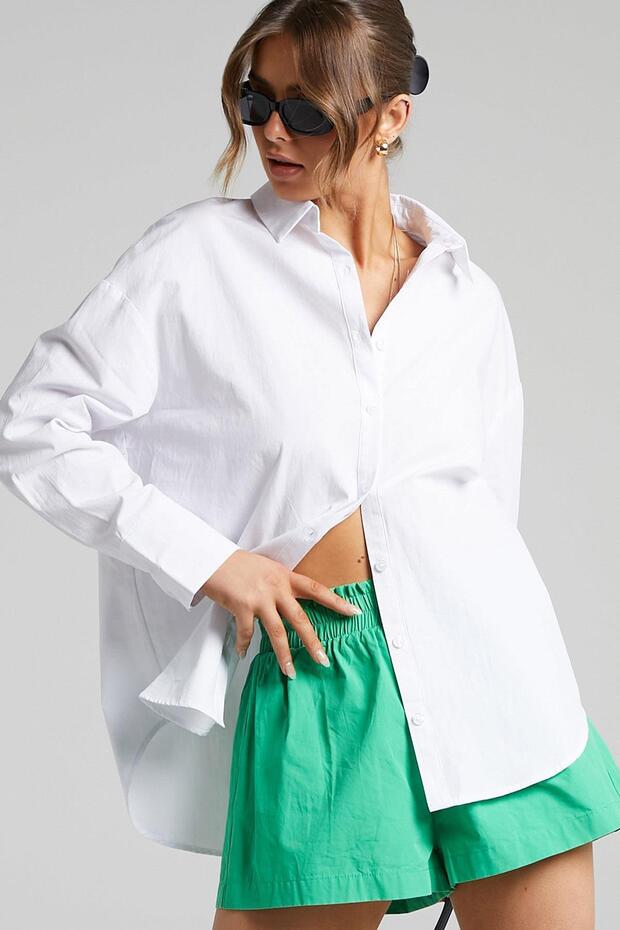 Beyaz Oversize Basic Kadın Gömlek SH268 - 1