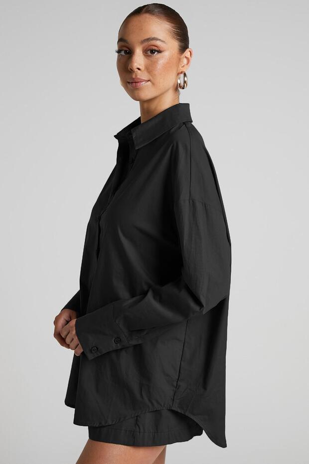 Siyah Oversize Basic Kadın Gömlek SH268 - 2