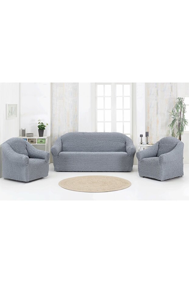 Universal sofa covers set for 3-seater and 2 armchairs, elastic and textured, color gray - 3