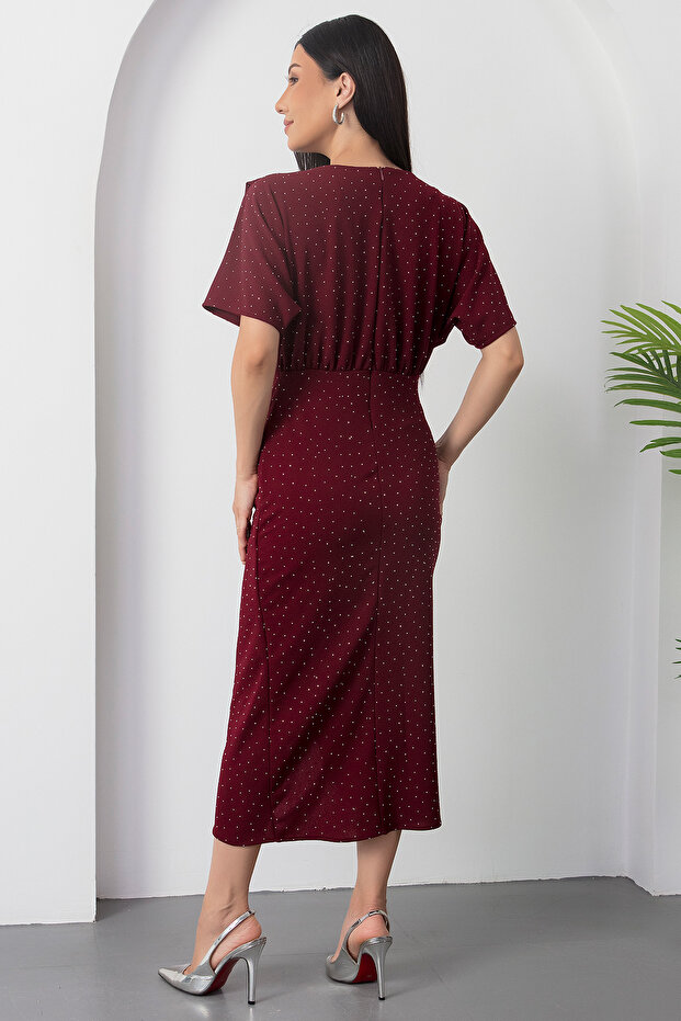 Bisiklet Yaka Taşlı Yırtmaçlı Elbise DKS1313 - 7