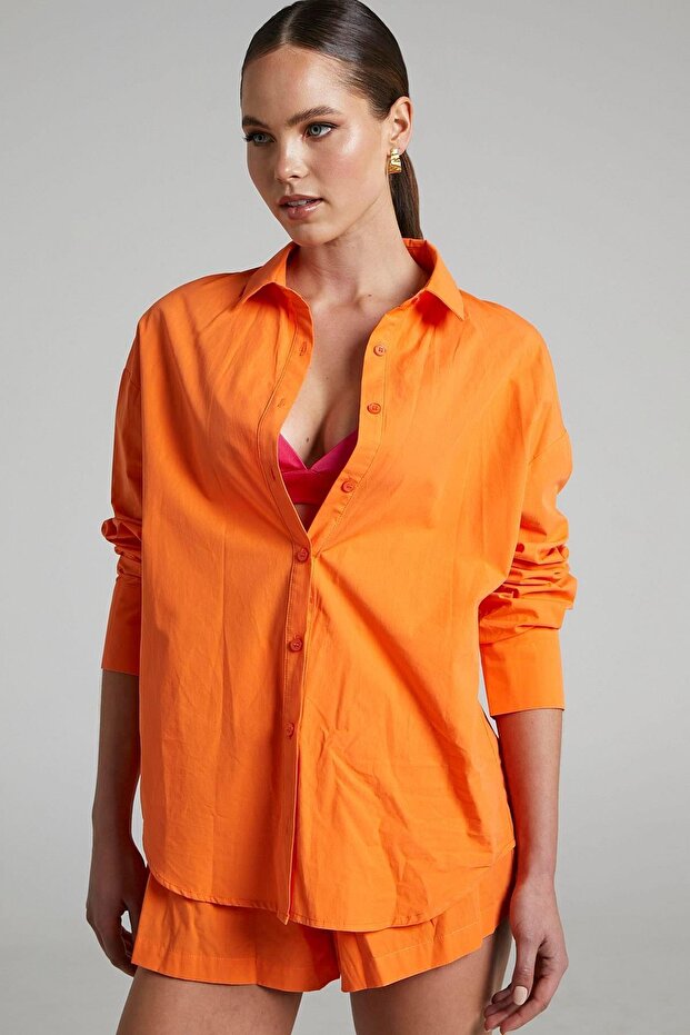 Turuncu Oversize Basic Kadın Gömlek SH268 - 3