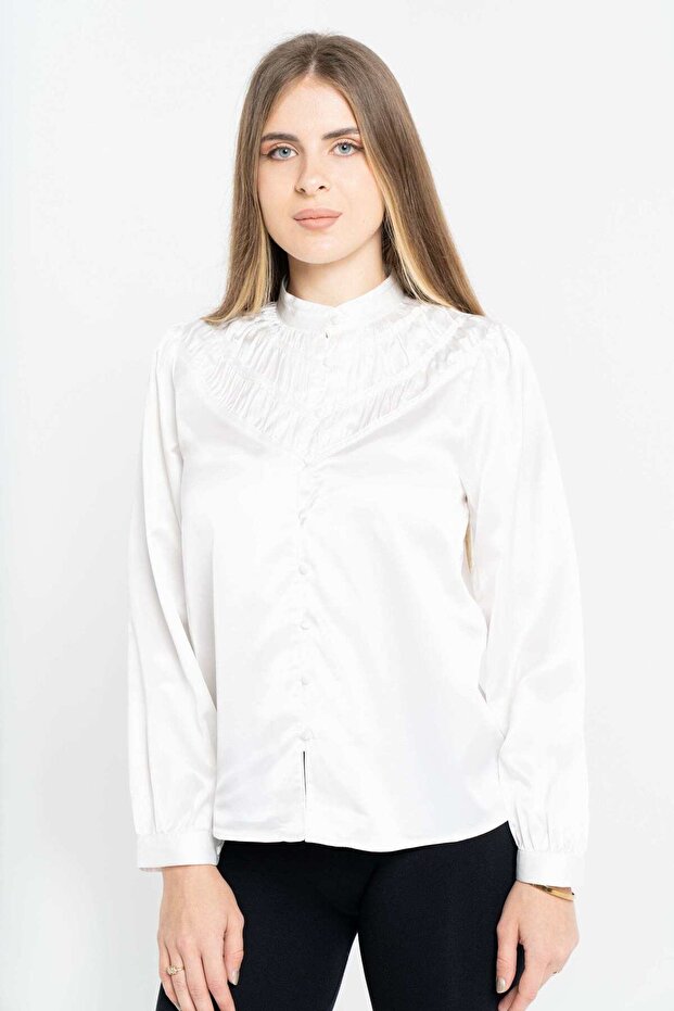 بلوزة سادة بأكمام طويلة وأزرار أمامية - 1