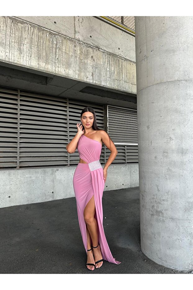 One-Shoulder Detail Sandy Fabric Dress 583181 Pink