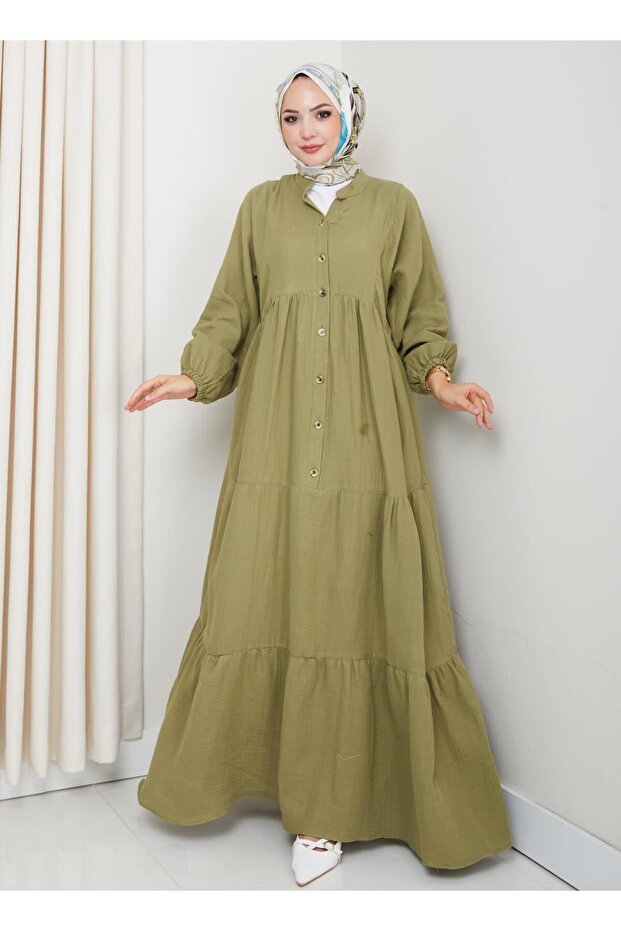 Women's Buttoned Floor Detailed Khaki Linen Dress