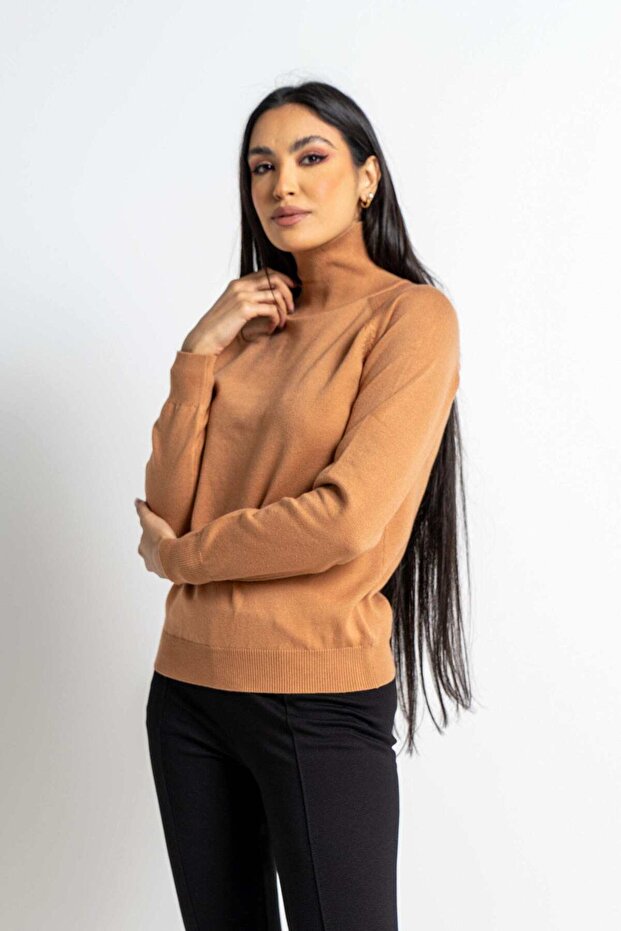 بلوزة سادة بأكمام طويلة ورقبة عالية - 1