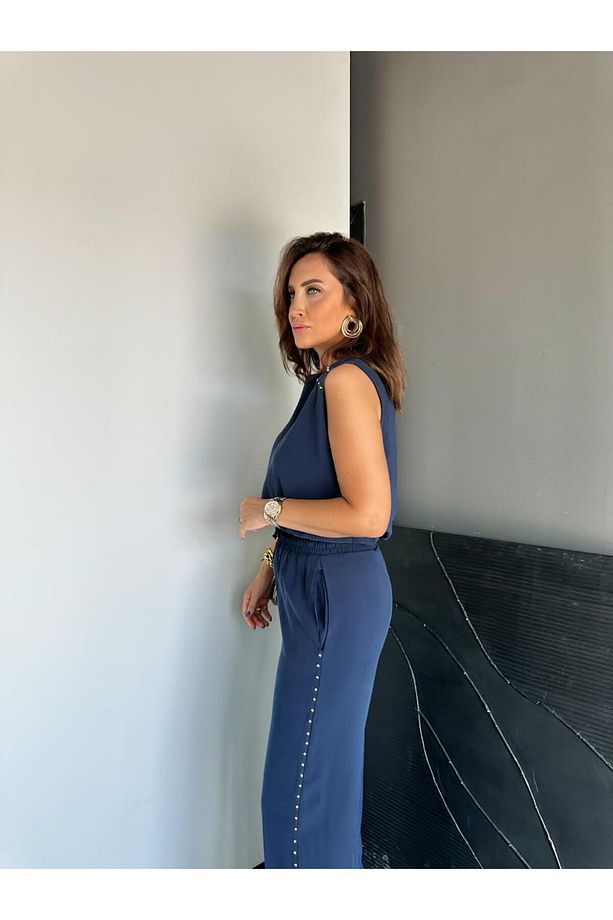 Lacivert Pantolon Ve Bluzlu Zımbalı Takım - 6