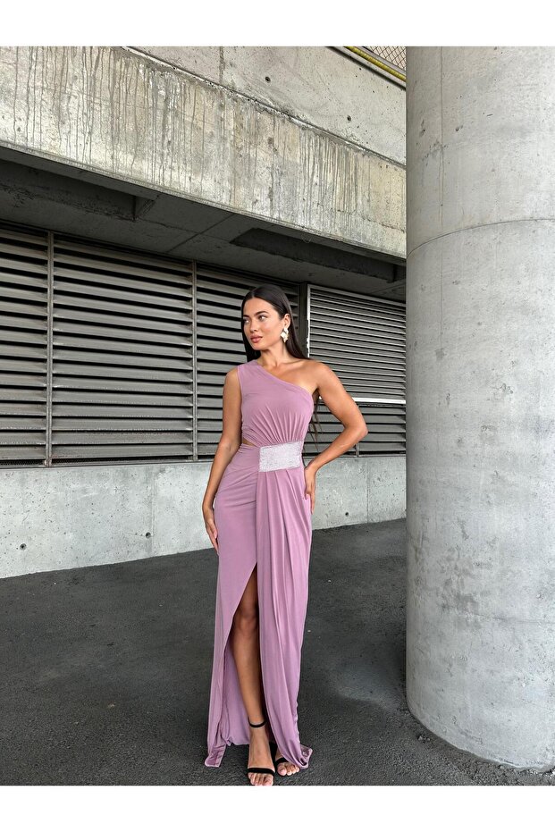 One Shoulder Detail Sandy Fabric Dress 583181 Dusty Rose