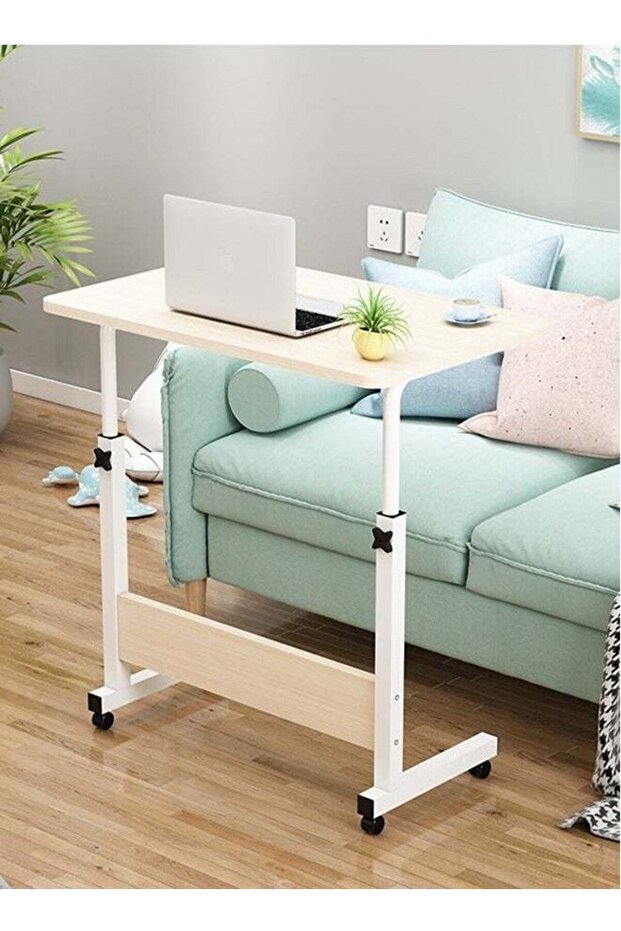 Simple Desk By The Bed, Adjustable Height, With Wheels That Can Be Moved At Will, Beige
