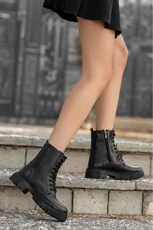 Alayna fekete matt bőr szőrme csúszásmentes talpú női csizma - 2