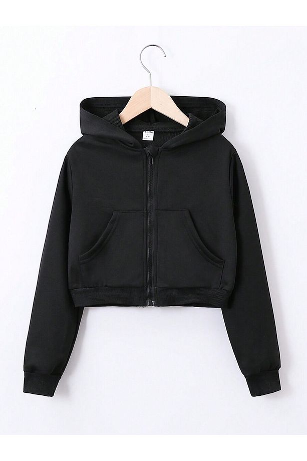 Kız Çocuk Düz Baskısız Fermuarlı Oversize Crop Hırka - 1
