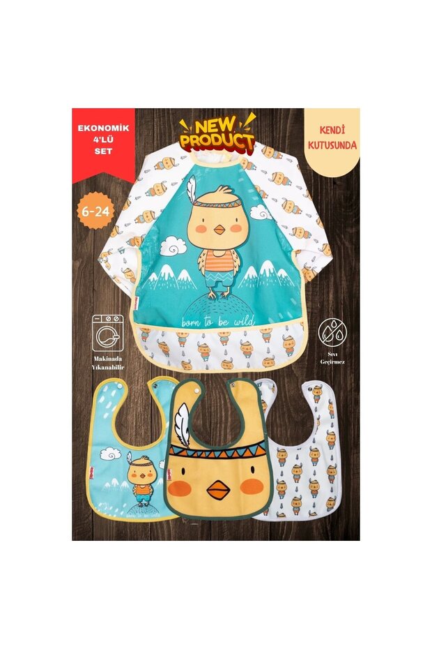 Chick Pattern Set of 4 Eco Liquid Proof Activity and Food Bibs in Its Own Box 6-24 Months