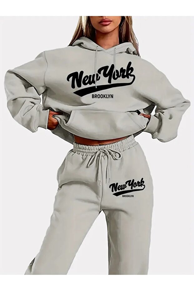 New York Brooklyn Print Hooded Oversize Women's Black and Grey Tracksuit Set