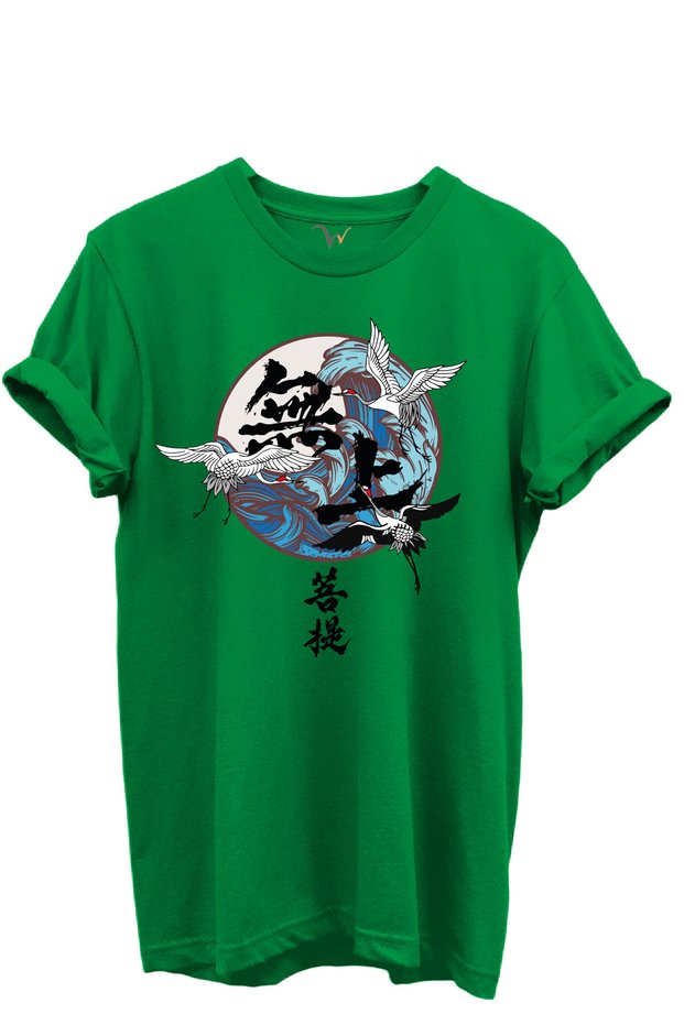 Crane Birds and Wave Pattern in Japanese Art Style 100% Cotton Regular Fit Unisex T-Shirt