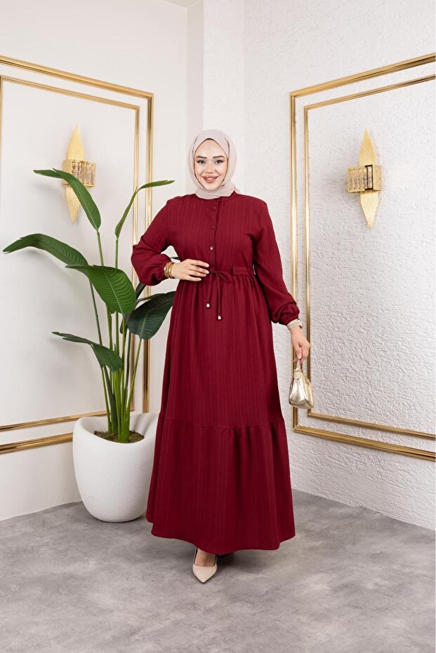 Women's Tested Long Bordo Burumuzk Dress