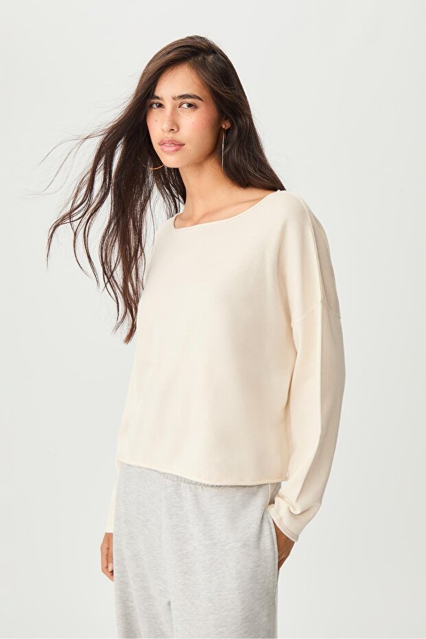 Geniş Yaka Crop Sweatshirt - 1