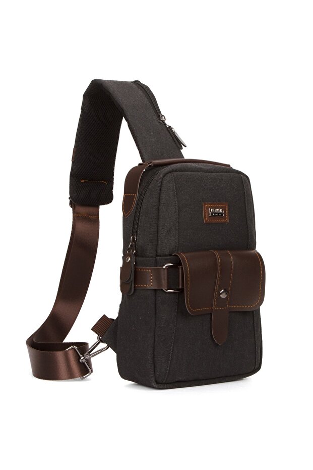 Men's Black Brown Canvas Fabric Cross Waist and Shoulder Bag