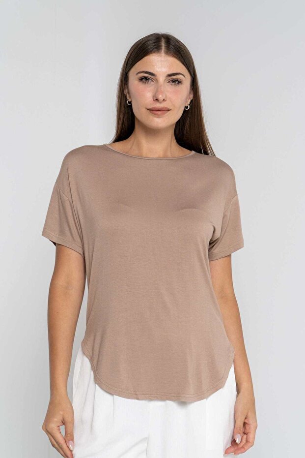 بلوزة سادة برقبة دائرية وأكمام قصيرة - 1