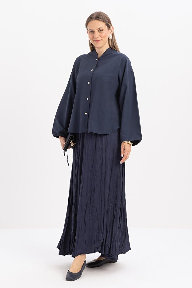 İndigo-Kraşlı Lastikli Basic Etek - 3