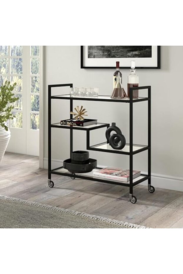FFD Metal Serving Trolley with Clear Glass Shelves - Pre-Assembled Utility Cart Kitchen 100x40x90cm