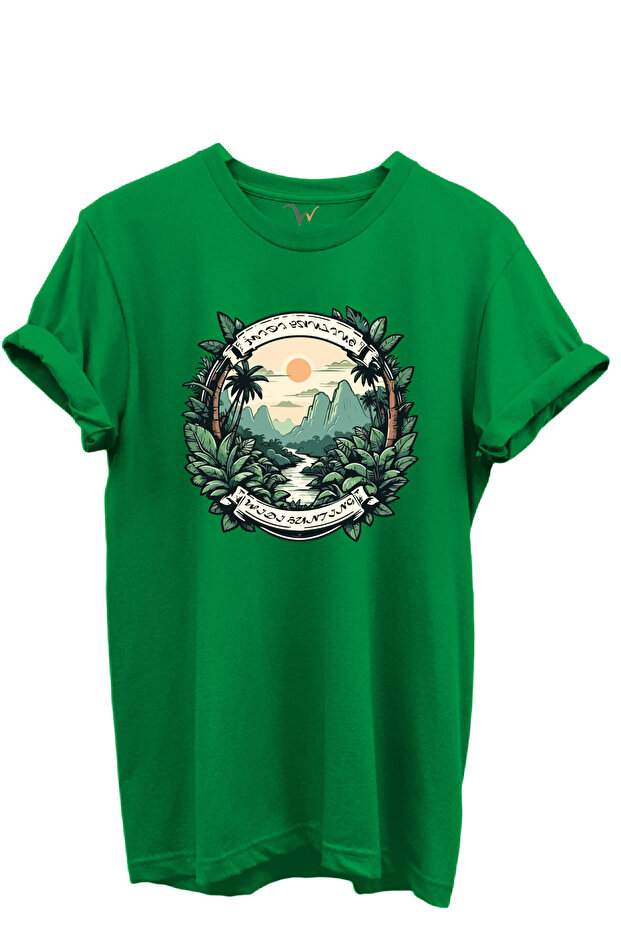 Hunting Nature Themed 100% Cotton Regular Fit Unisex T-Shirt with Tropical Forest and Mountain View