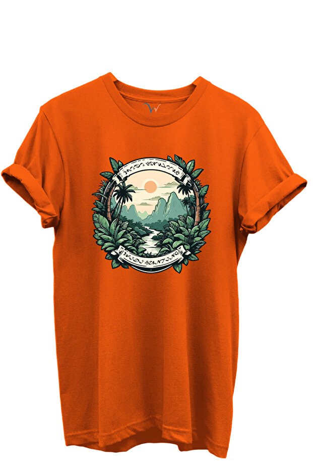 Hunting Nature Themed 100% Cotton Regular Fit Unisex T-Shirt with Tropical Forest and Mountain View