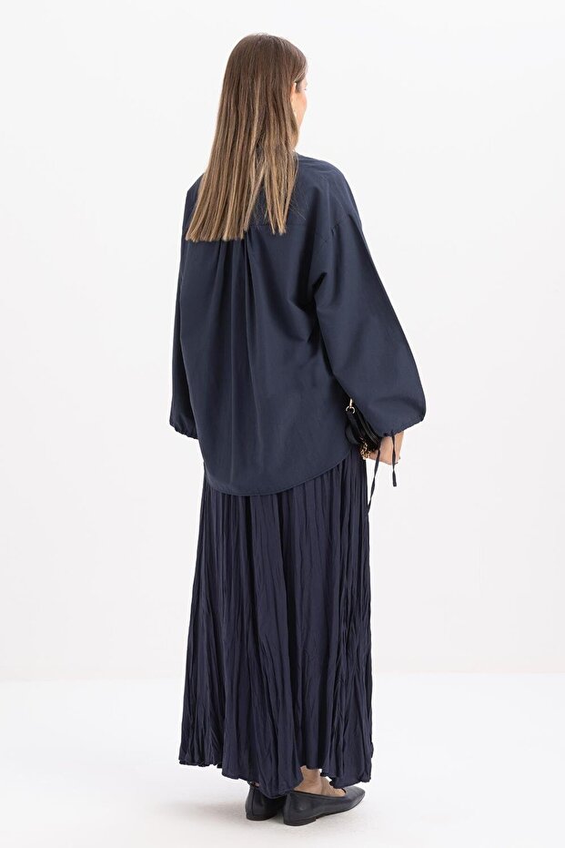 İndigo-Kraşlı Lastikli Basic Etek - 4