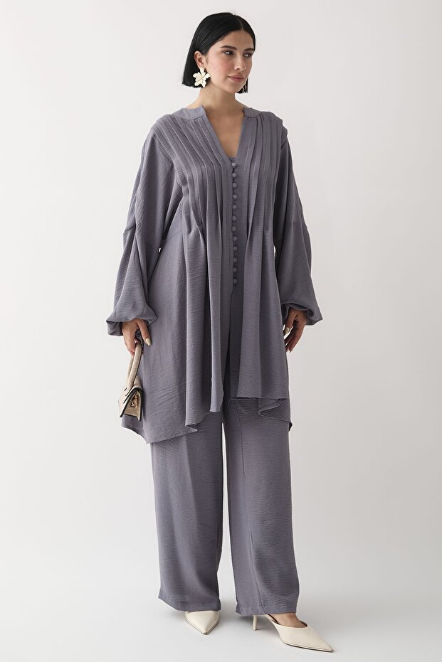 بدلة آيروبين رمادية اللون برباط وأكمام مضلعة - 3