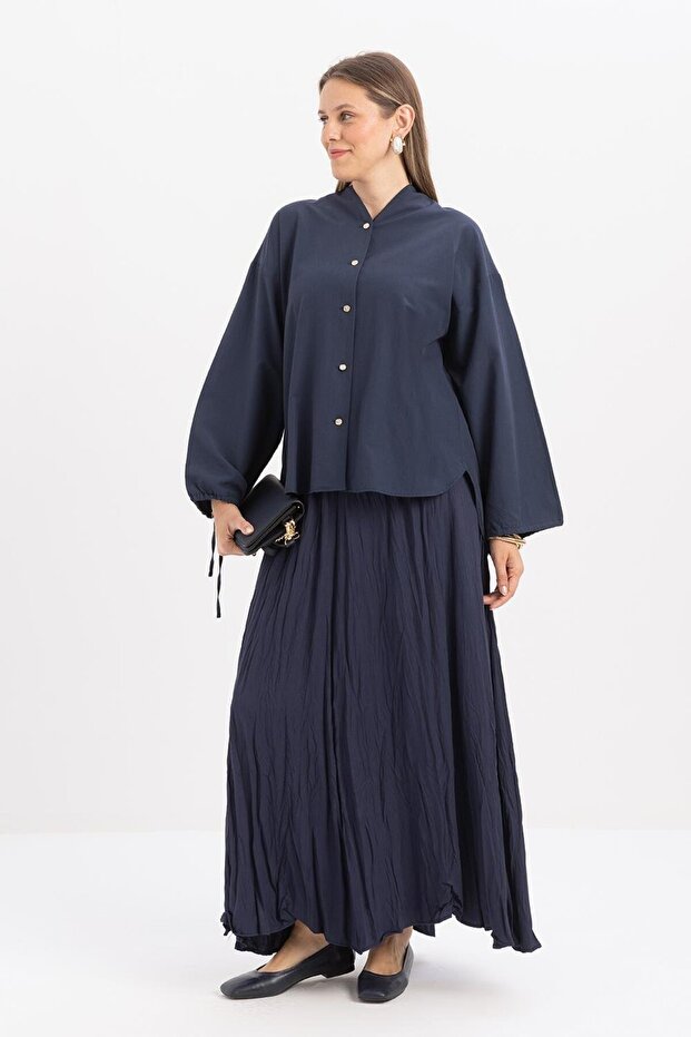 İndigo-Kraşlı Lastikli Basic Etek - 1