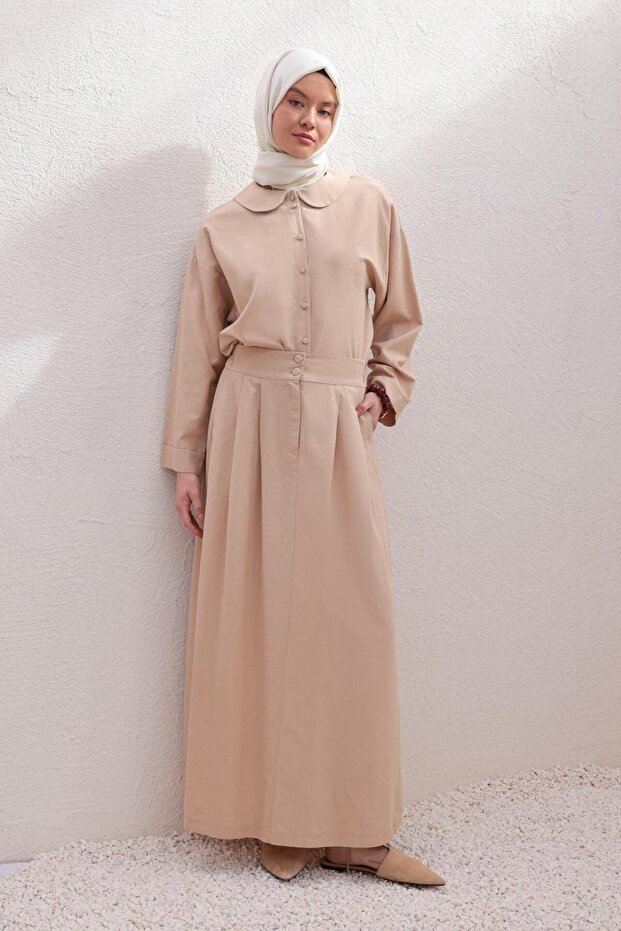 Beige-Baby Collar Linen Skirt Suit