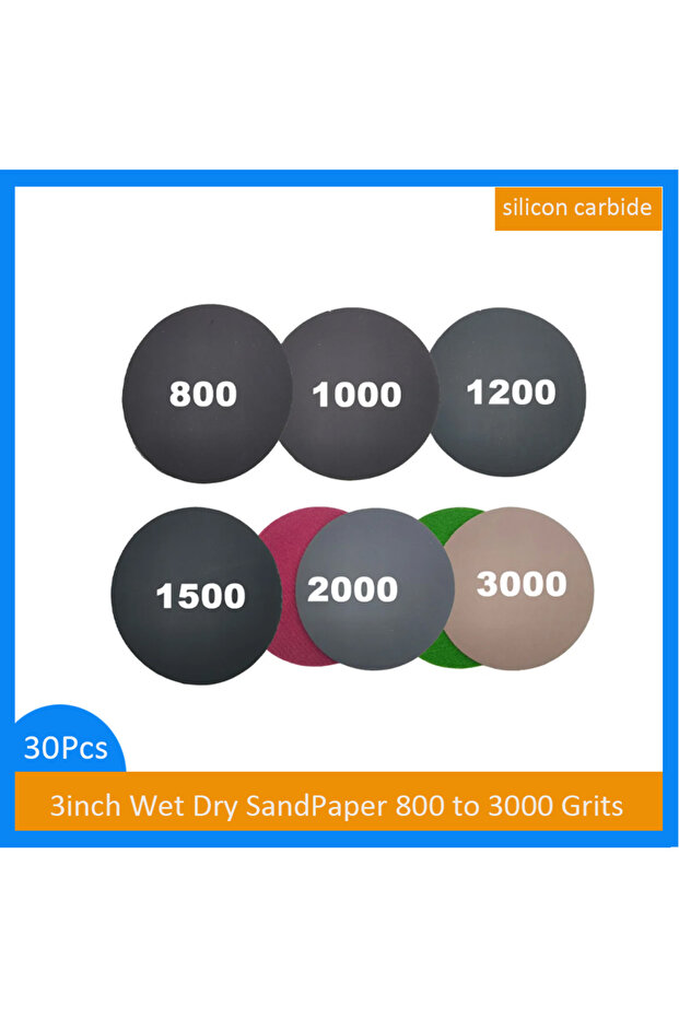 3inch 3inch30PCS 30PCS 3 Inch Wet & Dry Hook and Loop Waterproof Sandpaper Kit Silicon Carbide 800 -
