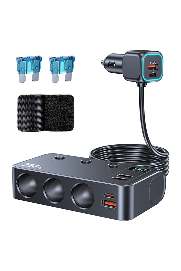 C33 9 in 1 Cigarette Lighter Splitter 226W Car Charger Adapter with PD/QC 3.0 Charge 3.3FT Cable 12