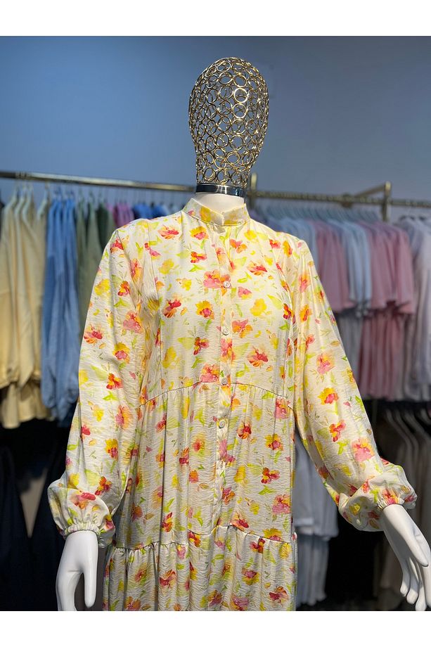 Çiçek desenli mango kumaş elbise - 1