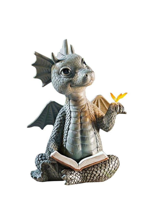 green Garden Reading Book Little Dragon Sculpture Cute Dragon Statues Resin Dragon Sculptures Art Or