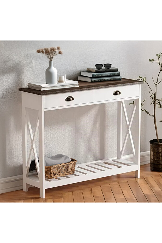 Console Table with Drawers, Narrow Wooden Sofa Table with Bottom Storage Shelf for Entryway - 1