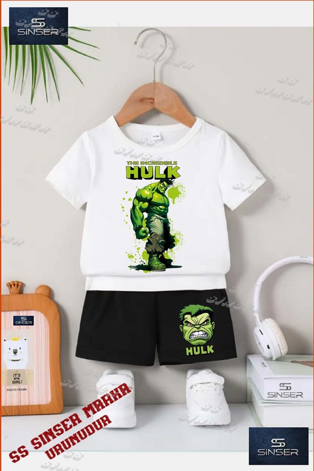 Children's Unisex “Hulk Alt Written Painted Single“ Special Printed Crew Neck T-Shirt - Shorts Set