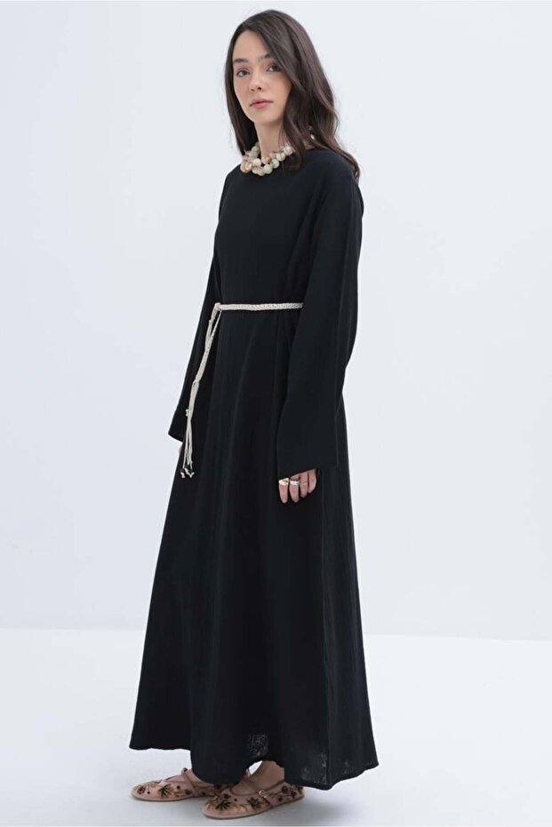 Siyah-Kuşaklı Basic Müslin Elbise - 2