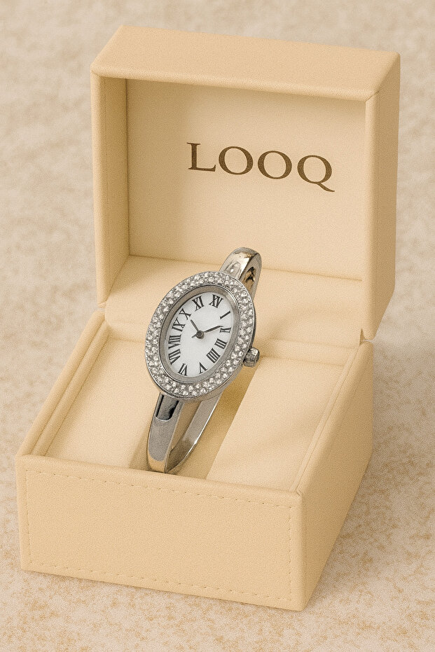 Roman Numeral Handcuff Model Women's Wristwatch with Stones
