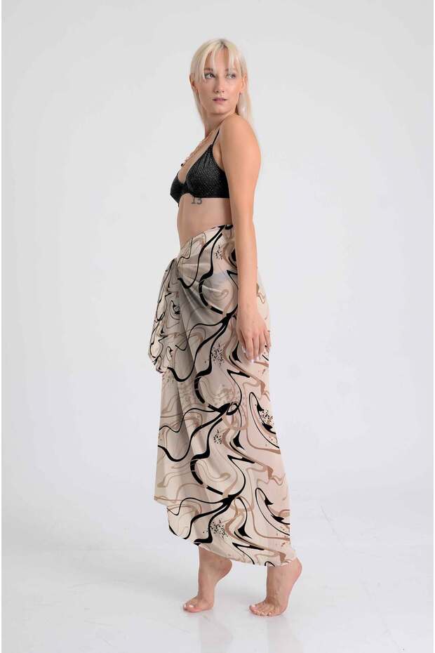 Abstract Wave Pattern Pareo |   Beige Background |   100X145 cm |   Digital Printing |   Chiffon / Satin - 2