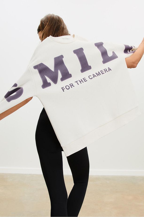 Smile Baskılı Oversize Sweatshirt - 4