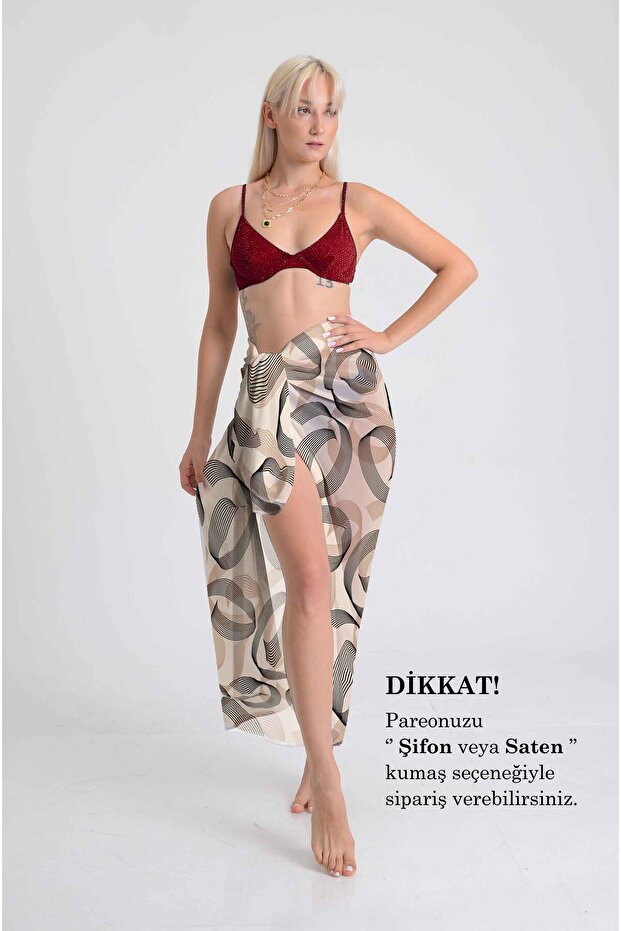 Spiral Geometric Patterned Pareo on Beige Background | 100X145Cm | Digital Printing | Chiffon / Satin