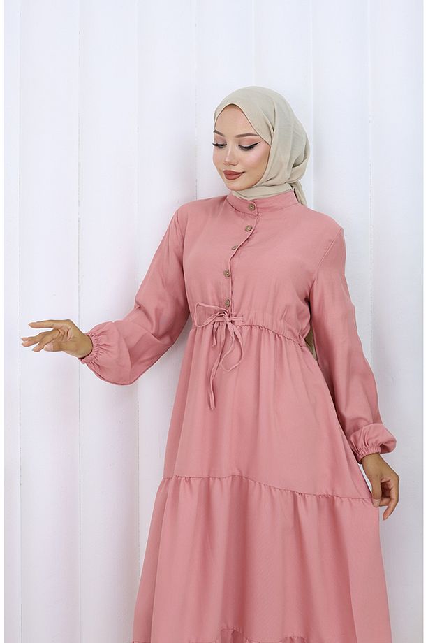 Beli Bağcıklı Düğmeli Elbise 0128-06 Gül Kurusu - 3