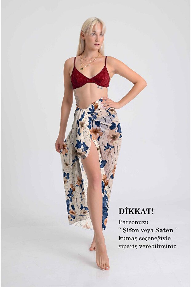 Nce Flower Patterned Pareo on Branches | Cream Floor | 100X145Cm | Digital Printing | Chiffon / Satin