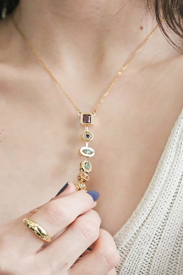 7 Elementli Renkli Taşlı Çelik Y Kolye - 4