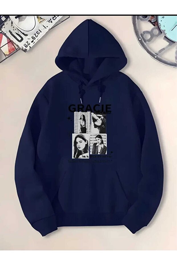 Gracie Abrams Printed Hooded Pocket Cotton Navy Blue Sweatshirt