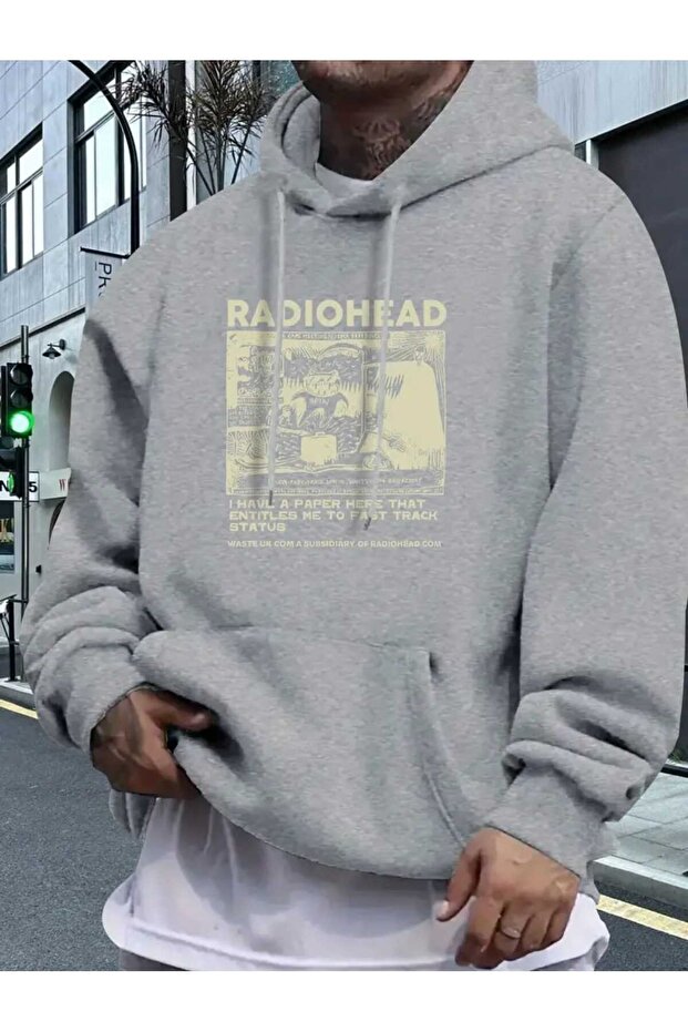 Radiohead Cover Printed Hooded Pocket Gray Sweatshirt with Wool Inside