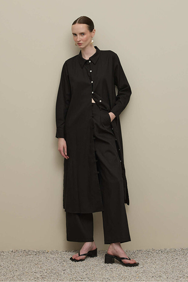 Britli Keten Maxi Gömlek Siyah - 5