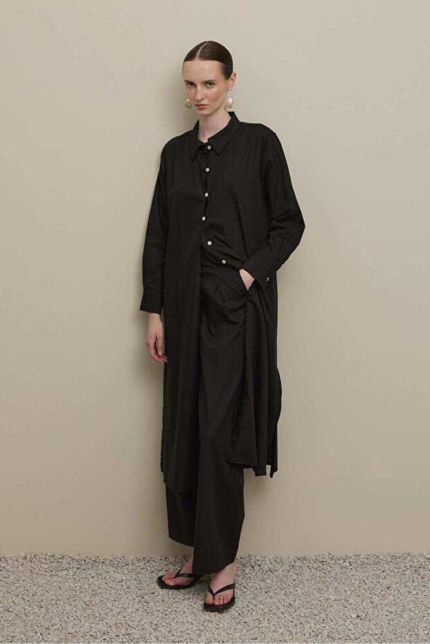 Britli Keten Maxi Gömlek Siyah - 7