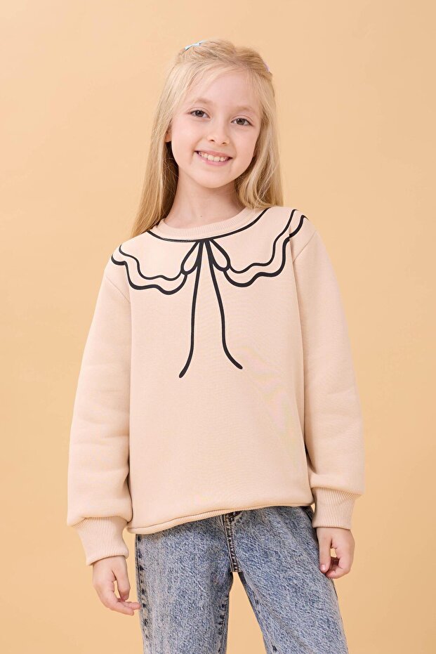 Girl's Crew Neck Printed Hooded Winter Sweatshirt - Stone
