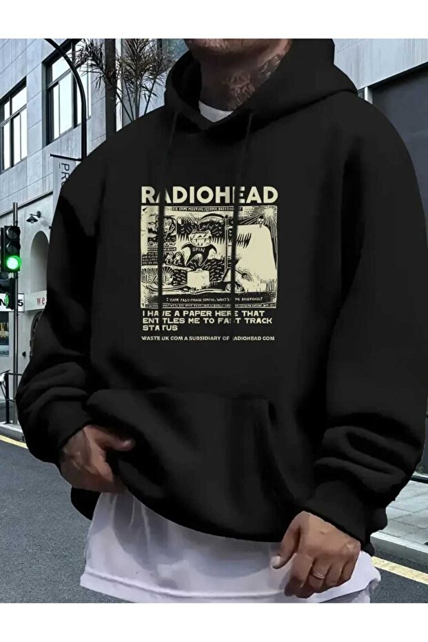 Radiohead Cover Printed Hooded Pocket Black Sweatshirt with Wool Inside