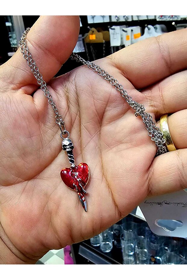 Shop Designmi Stabbed Heart Skull Detailed Necklace